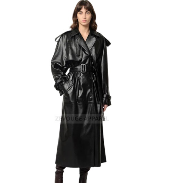 Women Black Leather Long Coat- Women Trench Leather Coat- Leather Trench Coat for Elegant Women- Fashionable Black Long Leather Jacket