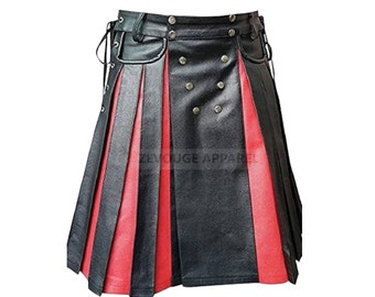 New Handmade Gladiator Leather Kilt Flat Front Pocket Wrap Pleated Kilt Black Red Unisex Kilt