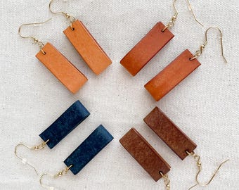Minimalist Leather Drop Earrings: Full Grain Italian Leather, Boho Style