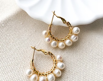 Handmade Gold-Plated Stainless Steel and Freshwater Pearl Hoop Earrings