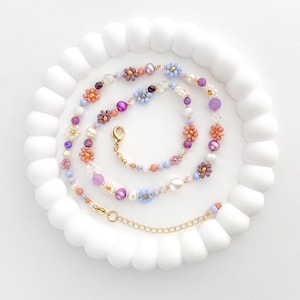 LILA | Handmade Beaded Flower Necklace, Purple Daisy Choker with Pearls and Crystal