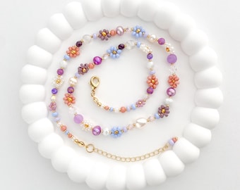 LILA | Handmade Beaded Flower Necklace, Purple Daisy Choker with Pearls and Crystal