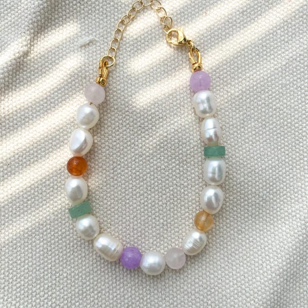 Freshwater Pearl Gemstone Bracelet: Handmade 18k Gold-Plated Jewelry