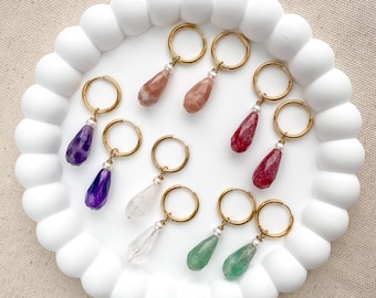 Teardrop Gemstone Pearl Huggie Earrings: Gold PVD Stainless Steel