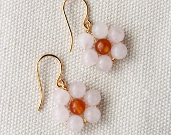 Daisy Gemstone Earrings: Handmade Rose Quartz and Carnelian Floral Jewelry