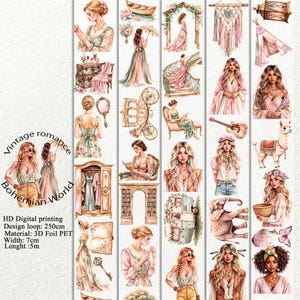 PET 3D raised tape Vintage romance and Bohemian World tape, junk journal, scrapbooking,bullet journal, card making.