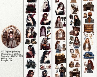 May include: A set of 10 washi tape rolls featuring a variety of illustrations, including women in masquerade masks, a gothic castle, and a vintage piano. The washi tape is 7 cm wide and 5 meters long.