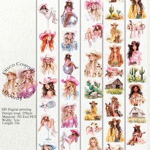PET 3D raised Disco Cowgirl and Howdy Gals tape,one roll fashion, junk journal, scrapbooking,bullet journal, card making.