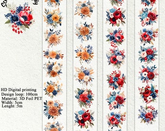 PET-Klebeband, farbiges Pfingstrosen-Rollenband, farbige Blumen, eine Rolle, Vintage-Pflanze, Junk-Tagebuch, Scrapbooking, Planer, Kartenherstellung, Papierhandwerk.