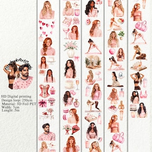 PET 3D raised tape  pink romance and pilates lover tape, junk journal, scrapbooking,bullet journal, card making.