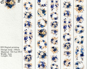 3D-Klebeband aus PET, blaues Pfingstrosen-Rollenband, farbige Blumen, eine Rolle, Vintage-Pflanze, Junk-Tagebuch, Scrapbooking, Planer, Kartenherstellung, Papierhandwerk.