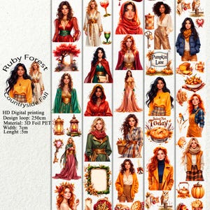 Puede incluir: Una tira decorativa con ilustraciones de mujeres con atuendos otoñales, calabazas y texto que dice "Pumpkin Lane" y "Baked Pies Today". El diseño incluye el texto "Ruby Forest Countryside Fall."