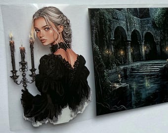May include: Two stickers. One features a woman with blonde hair in a black dress holding a candelabra with three lit candles. The other sticker depicts a dark, gothic-style architectural scene with arches and water.