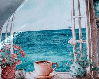 Seaside coffee morning Landscape tape, 3D Floral Shop PET Tape,  Junk Journal