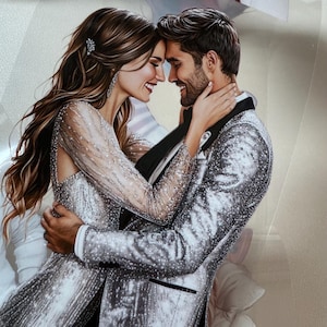 May include: Illustration of a couple embracing, likely a wedding portrait. The woman wears a sparkling white gown with long sleeves and a jeweled hairpiece. The man is in a silver suit with a black lapel. Both are smiling, their faces close together.