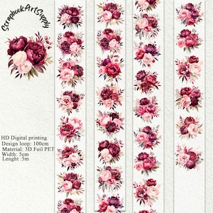 PET tape, bordo peones roll tape,color flowers one roll vintage plant, junk journal, scrapbooking, planners,card making,paper crafts.
