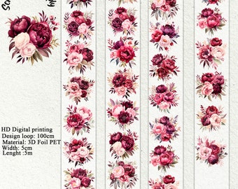 PET tape, bordo peones roll tape,color flowers one roll vintage plant, junk journal, scrapbooking, planners,card making,paper crafts.