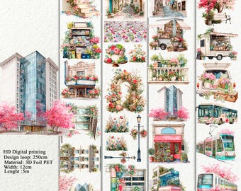 Summer/Spring in the city Landscape tape, 3D Floral Shop PET Tape,  Junk Journal