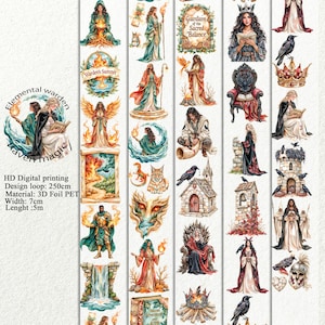 Op de afbeelding: Decoratieve washi tape met fantasie-illustraties van mythische figuren, kastelen en natuurelementen. De tape is 7 cm breed en heeft een designlus van 250 cm. Gemaakt van 3D folie PET, met de tekst "Elemental warden raven magic".
