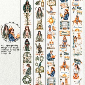 May include: Washi tape roll with watercolour illustrations of women, landscapes, and text. The tape includes images of women, boats, and the text "Sunrise Viewpoint" and "Morning Dreams". The tape is 7cm wide and 5m long.