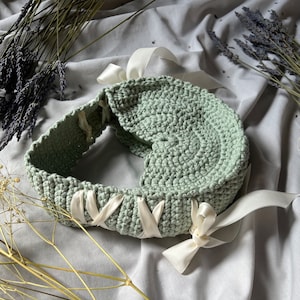 Sage Crochet Bag, Cottage Core Aesthetic Purse, Handmade Shoulder Bag, Mini Sage Purse, Hand Knit Shoulder Bag, Purse With Bows