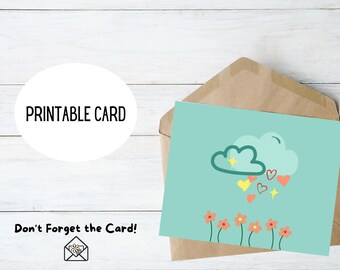 Blank 5x7 Greeting Card Clouds, Hearts, and Flowers