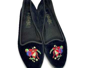 Tinsel Toes Womens Black Velvet Holiday Christmas Bell Embroidered Flats Size 9