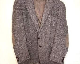 Vintage 100% Pure Wool Tweed Blazer Brown Suede Elbow Patches Sport Coat Mens