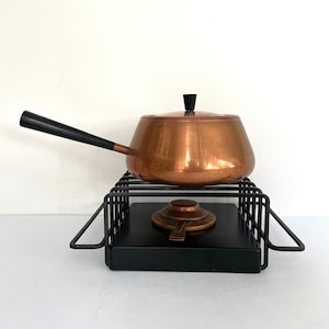 Spring Culinox Copper Fondue Set Vintage Swiss Made MCM Wrought Iron Stand