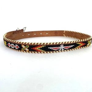 Vintage Southwestern Beaded‎ Leather Belt Thunderbird Geometric Boho Red Brown Vintage Bead Thunderbird Leather Belt - Etsy main image 3