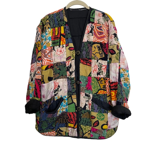 Vintage Patchwork Quilted Jacket Multi Color Boho… - image 1