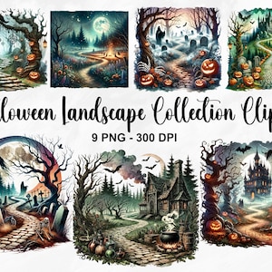 Clipart de coleção de paisagem de Halloween em aquarela, 9 PNG clipart de Halloween, clipart assustador, pacote de clipart feliz Halloween, uso comercial