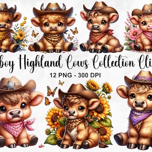 Aquarel cowboy Highland Cows collectie clipart, 12 png baby cowboy clipart, baby dier, baby koe clipart bundel, commercieel gebruik