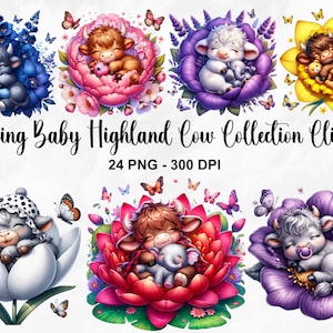 Aquarel slapende baby Highland Cow clipart, 24 PNG schattige koe clipart, baby Highland Cow clipart, bloem PNG, Floral PNG, commercieel gebruik