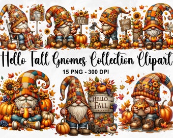 Watercolor Hello Fall Gnomes Collection Clipart, 15 PNG Autumn Clipart, Pumpkin Spice Gnomes, Autumn Gnome, Fall Gnome PNG, Commercial Use