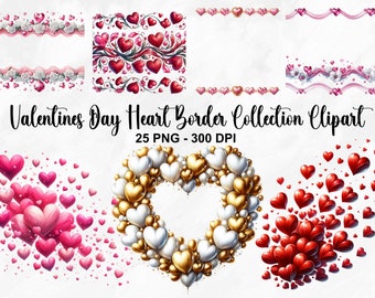 Imágenes prediseñadas del borde del corazón del día de San Valentín de acuarela, 25 imágenes prediseñadas del día de San Valentín PNG, paquete del día de San Valentín, corazones de confeti, uso comercial
