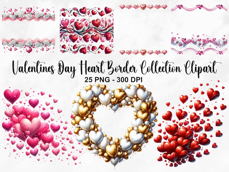 Watercolor Valentines Day Heart Border Clipart, 25 PNG Valentines Day ...