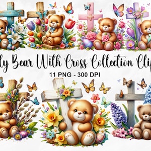 Aquarell Teddybär mit Kreuz Sammlung Clipart, 11 PNG Blume Kruzifix Clipart, Teddy Bär Clipart, niedlichen Teddy Clipart, kommerzielle Nutzung