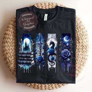 May include: Black t-shirt featuring a fantasy-themed design. The design includes a castle, sword, dragon, and roses in shades of blue and white. The shirt has the text "ORIGINAL Whimsical Art Graphics DESIGNER".