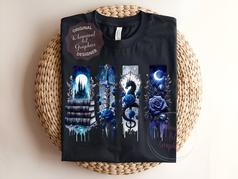 May include: Black t-shirt featuring a fantasy-themed design. The design includes a castle, sword, dragon, and roses in shades of blue and white. The shirt has the text "ORIGINAL Whimsical Art Graphics DESIGNER".