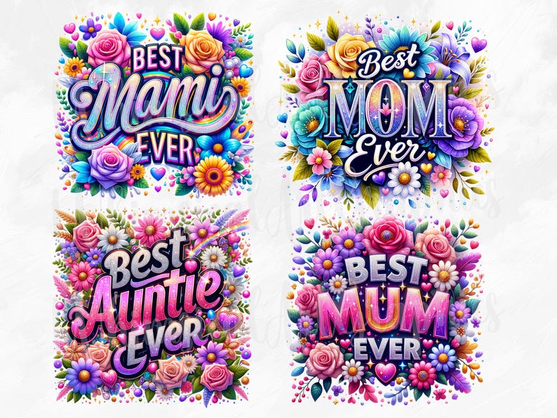 May include: Four colorful floral designs with the text "Best Mami Ever", "Best Mom Ever", "Best Auntie Ever", and "Best Mum Ever".