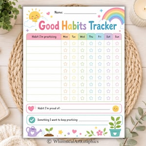May include: A Good Habits Tracker printable sheet featuring a colorful rainbow, a smiling sun, and pastel star icons for daily tracking. The document includes sections for habit names, a weekly grid, a proud habit line, and a goal for future practice.