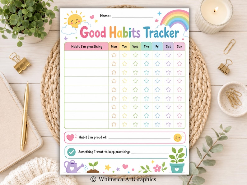 May include: A Good Habits Tracker printable sheet featuring a colorful rainbow, a smiling sun, and pastel star icons for daily tracking. The document includes sections for habit names, a weekly grid, a proud habit line, and a goal for future practice.