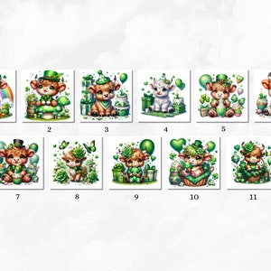 May include: A set of 11 digital illustrations featuring cute cartoon cows wearing green hats and holding shamrocks. The cows are surrounded by green shamrocks, green balloons, and other St. Patrick's Day themed decorations.