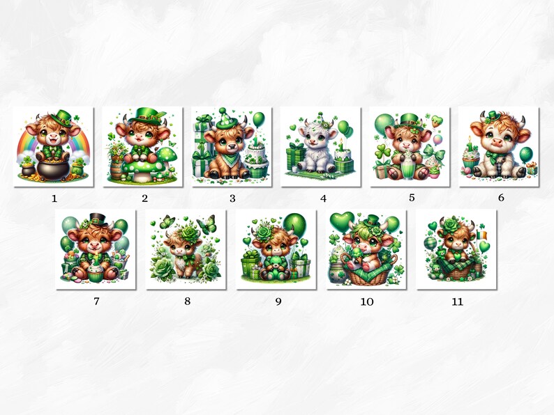 May include: A set of 11 digital illustrations featuring cute cartoon cows wearing green hats and holding shamrocks. The cows are surrounded by green shamrocks, green balloons, and other St. Patrick's Day themed decorations.