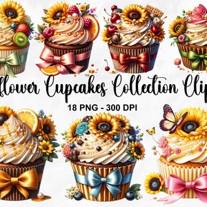 Clipart de coleção de cupcakes de girassol em aquarela, 18 PNG clipart de girassol, clipart de cupcake, clipart de sobremesa PNG, verão PNG, uso comercial