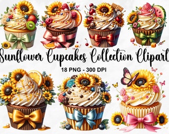 Watercolor Sunflower Cupcakes Collection Clipart, 18 PNG Sunflower Clipart, Cupcake Clipart, Dessert Clipart PNG, Summer PNG, Commercial Use