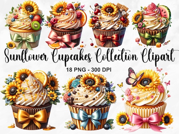 Watercolor Sunflower Cupcakes Collection Clipart, 18 PNG Sunflower Clipart, Cupcake Clipart, Dessert Clipart PNG, Summer PNG, Commercial Use