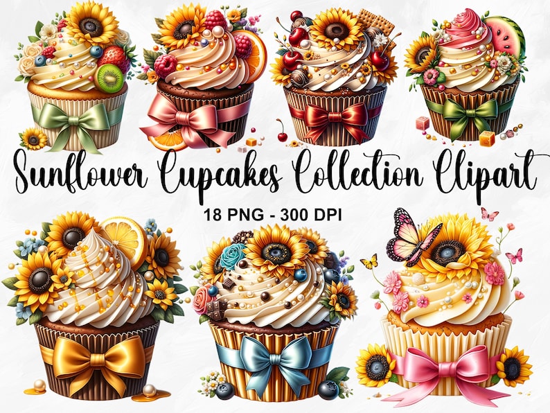 Watercolor Sunflower Cupcakes Collection Clipart, 18 PNG Sunflower Clipart, Cupcake Clipart, Dessert Clipart PNG, Summer PNG, Commercial Use image 1