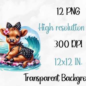 Watercolor Surfing Highland Cows Collection Clipart, 12 PNG Beach ...